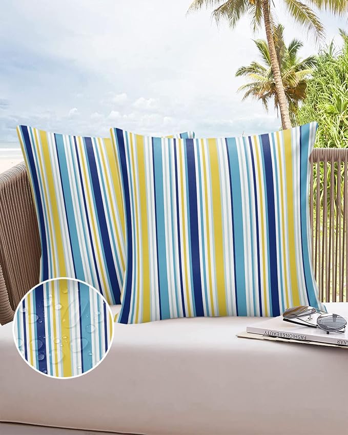 Blue Yellow Striped Outdoor Waterproof Pillow Covers, Farmhouse Navy Blue Ombre Stripes Decorative Square Throw Pillowcase Sofa Cushion Sham for Patio/Couch/Chair, 24"x24" 2 Pack