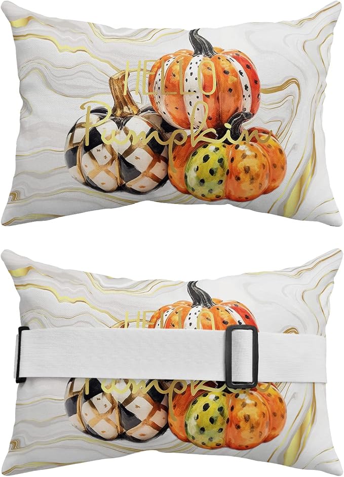 Outdoor Pillows Covers with Inserts Fall Thanksgiving Pumpkin Abstract Golden Marble Waterproof Pillow with Adjustable Strap Throw Pillows for Patio Furniture Recliner Lounge Chair, 11x16 inch, 2PCS