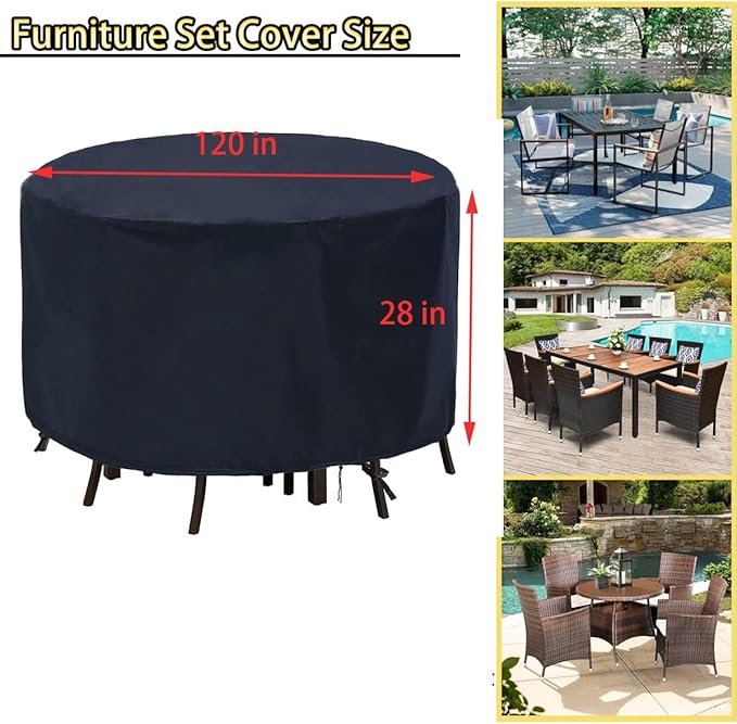 POMER Patio Furniture Covers, 120 inch Round Bar Height Table Chair Set Cover Waterproof Outdoor Table Cover for Garden Furniture Set - 120" D x 28" H