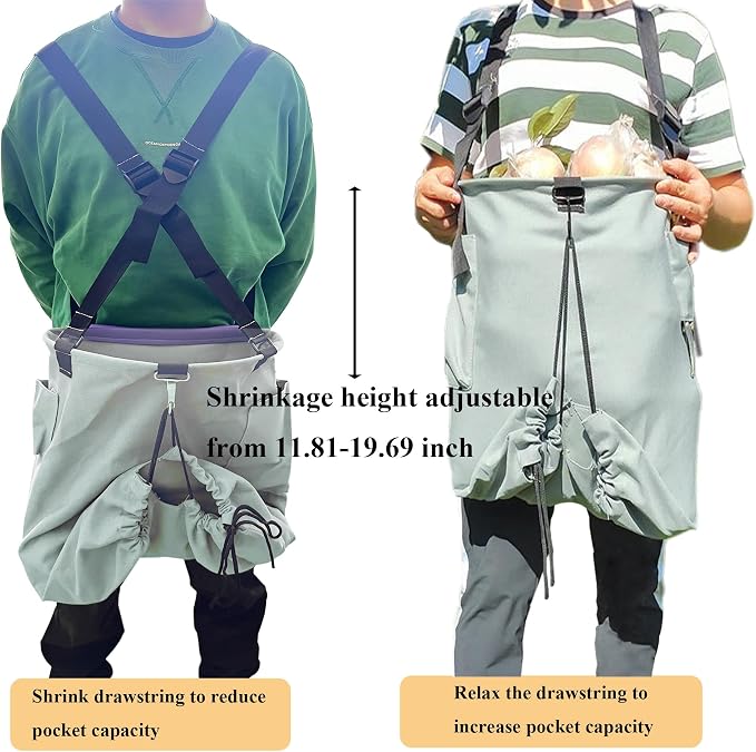 Large Adjustable Canvas Fruit Picking Bag for Orchard Farm Garden | Drop Bottom for Fast Unloading, Harvesting Apron with Open Pouch, Tool Storage Pockets, Drawstring for Flexible Capacity