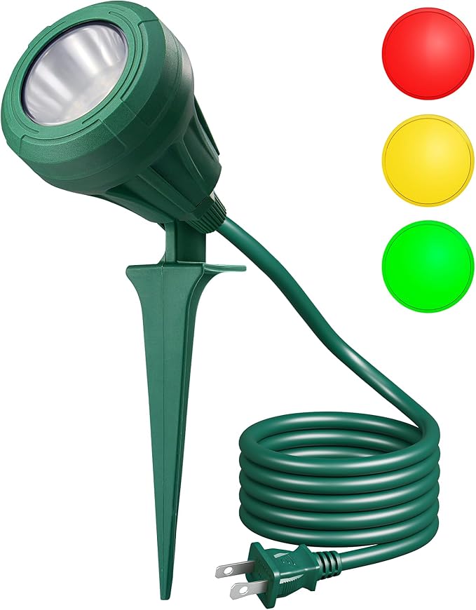 DEWENWILS 120V Spotlight Outdoor,500LM Waterproof Light with 3 Extra Lenses | Red Yellow Green Lenses, LED Spot Light 5FT Extension Cord, Landscape Lighting for Holiday, Trees, Flag,UL Listed