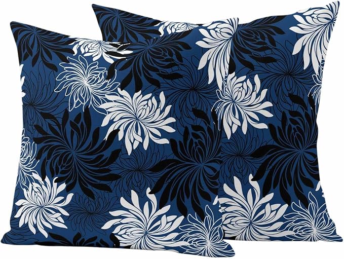 Yukro Blue Black Floral Outdoor Waterproof Pillow Covers Pack of 2, Vintage Blue White Black Flower Decorative Throw Pillowcases Cushion Covers for Garden Patio Tent Sofa Couch, 18x18 inch