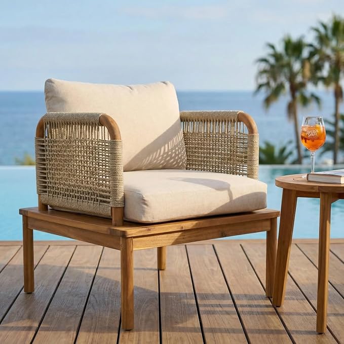 Patio Furniture Set-Single Chair, Outdoor Sectional Furniture with Rope Armrests and Thick Washable Cushions, All-Weather Patio Conversation Set for Backyard, Garden and Poolside (Series A)
