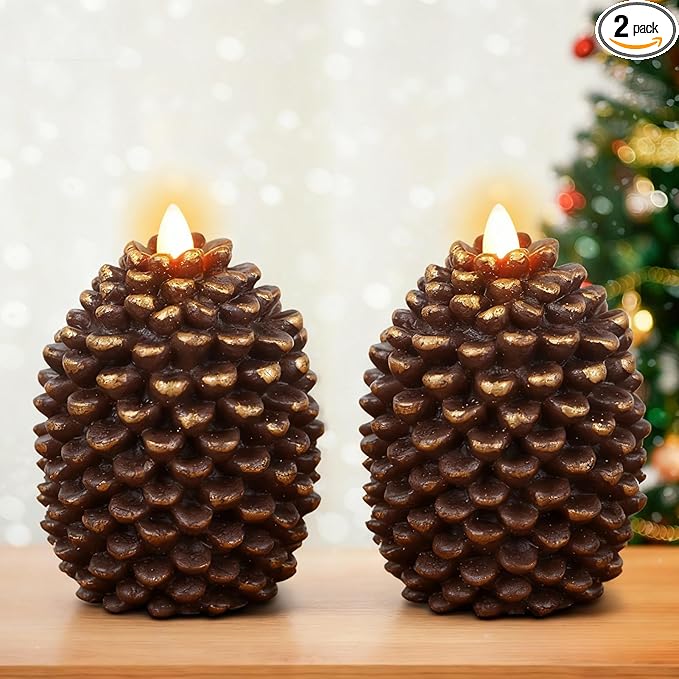 DRomance Flameless Pinecone Candles Battery Operated with 6 Hour Timer Set of 2 Real Brown Wax Flat Wick LED Flickering Pillar Candles Christmas Holiday Decor(Brown, 3.5 x 4.7 Inch)