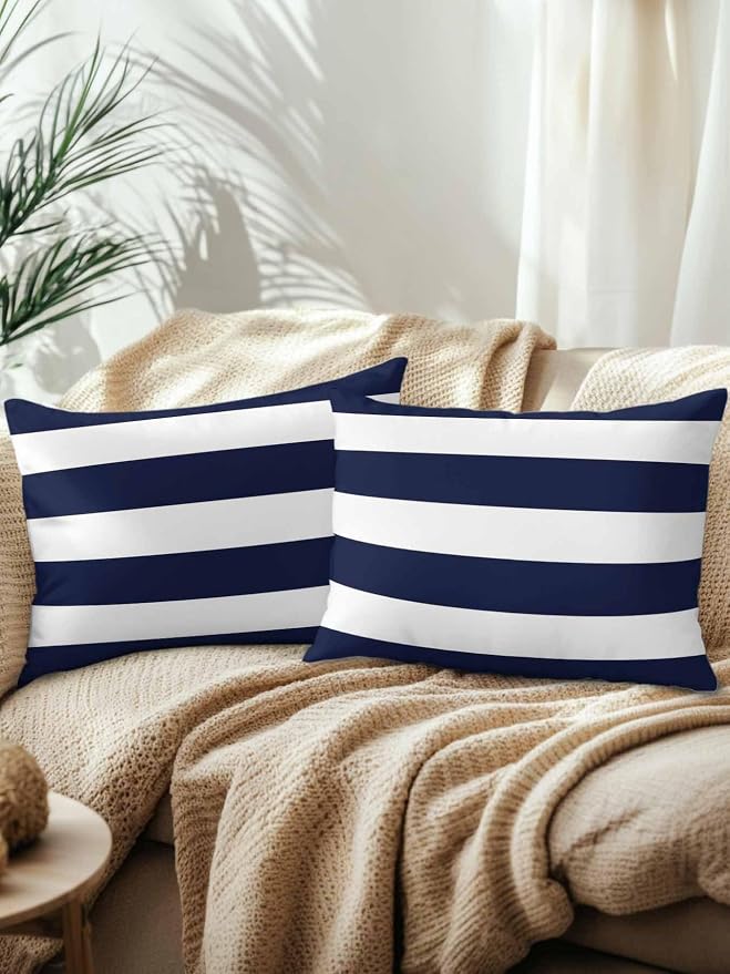 Waterproof Outdoor Pillow Set of 2 Navy Blue Stripe Decorative Throw Pillows Cover & Insert 20x12 Inch Lumbar Pillowcase Simple Style White Striped Pillows for Couch Sofa Bed Patio Furniture
