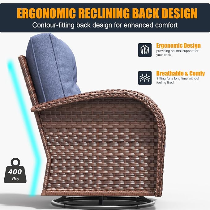 5 Pieces Outdoor Wicker Patio Swivel Rocking Chairs, All Weather Wicker Conversation Set with 44" Fire Pit Table