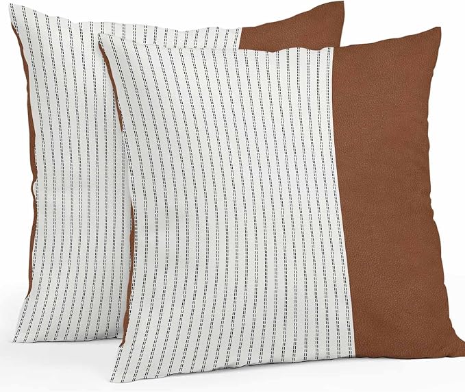 Boho Brown Leather Texture Outdoor Pillow Covers 18x18 Inch Throw Pillow Covers Set of 2 Waterproof Decorative Pillow Cases Modern Black Striped Cushion Covers for Patio Furniture Garden Couch Sofa