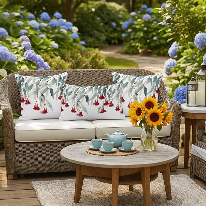 Red Floral Leaves Waterproof Outdoor Pillow Covers Set of 2 Home Decor, Pastoral Rustic Botanical Flowers Pillowcase Patio Pillow Covers for Couch Bench Furniture Garden 18x18in
