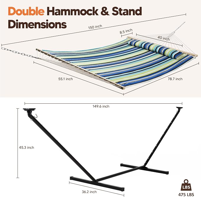 SUNCREAT Hammocks Stand Alone Hammock with Solar Powered Lights, Portable Standing Hammock, Green