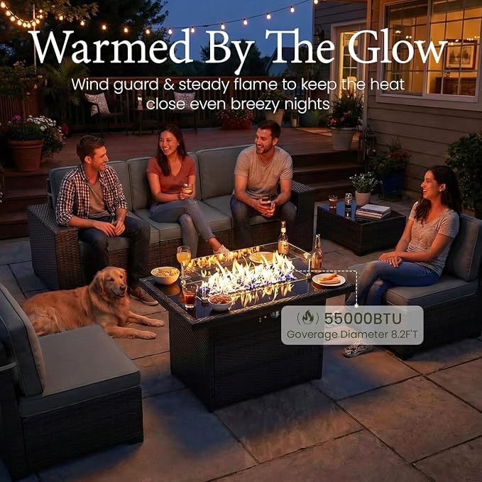 LayinSun 7 Pieces Outdoor Patio Furniture Set with 44" Fire Pit Table Rattan Sectional Sofa Conversation Sets