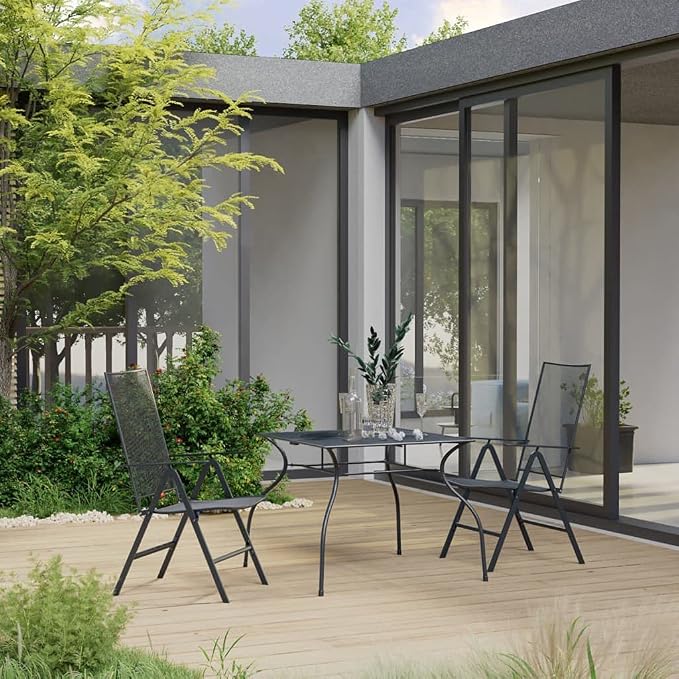 3-Piece Anthracite Steel Patio Dining Set with Reclining Chairs | Includes a square bistro table with a rust-resistant e-coated finish, suitable for outdoor backyard and porch dining.