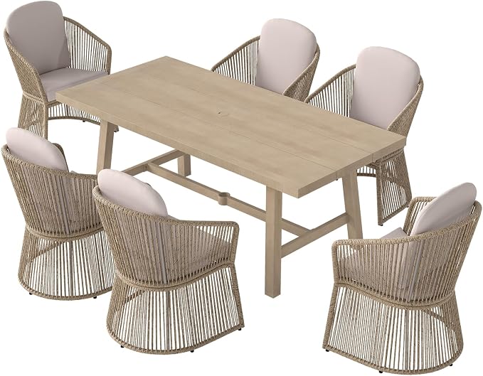 SUNSITT 7 Piece Outdoor Patio Dining Set, Patio Dining Furniture Set with 76” Aluminum Dining Table w/Umbrella Hole and 6 Woven Wicker Outdoor Patio Chairs w/Curved Armrest for Garden, Beige