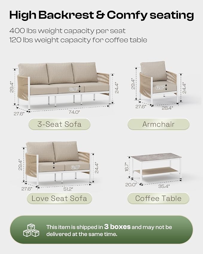 Aluminum Outdoor Patio Furniture Set with Dual-Layer Coffee Table, 4 Piece Modern Patio Conversation Sets with PE Rope, Outdoor Sectional Sofa with Thick Cushions for Balcony, Deck, Ivory