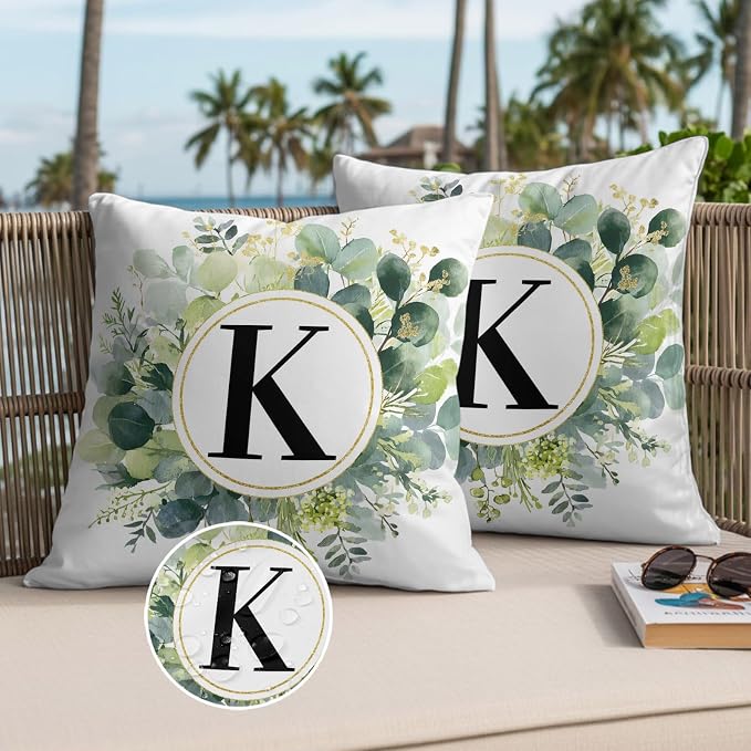Letter K Waterproof Outdoor Pillow Covers Set of 2 Home Decor, Alphabet Green Eucalyptus Leaves Pillowcase Patio Pillow Covers for Couch Bench Patio Furniture Garden 16x16in