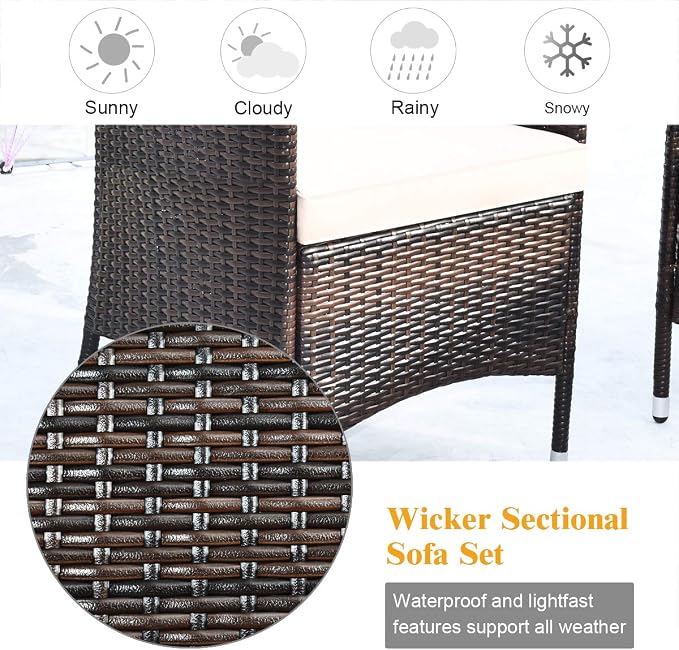4 Pieces Patio Sofa Set, Wicker Conversation Set with Ergonomic Curved Backrest, Patio Rattan Furniture Set with Water-Resistant Cushion & Tempered Glass Table for Balcony, Porch (Brown)
