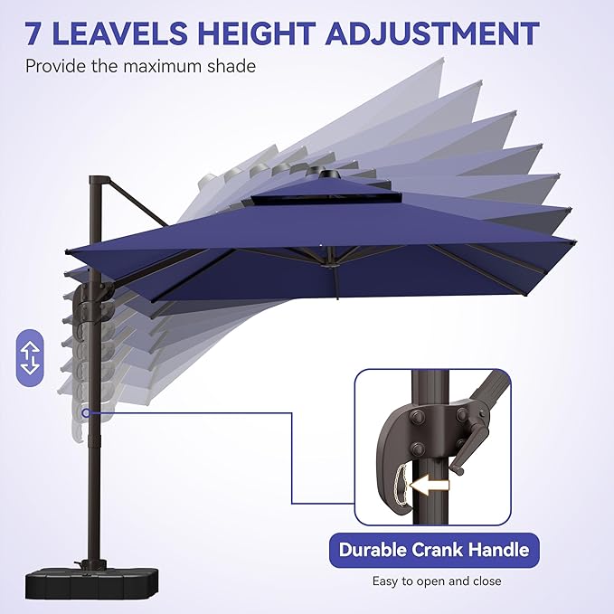 GENTEACO 9x12FT Cantilever Patio Umbrella with Base Included, Double Top Rectangle Offset Umbrella 7 Angle Tilts & 360° Rotation, Large Heavy Duty Outdoor Sun Umbrella for Pool Market, Navy Blue