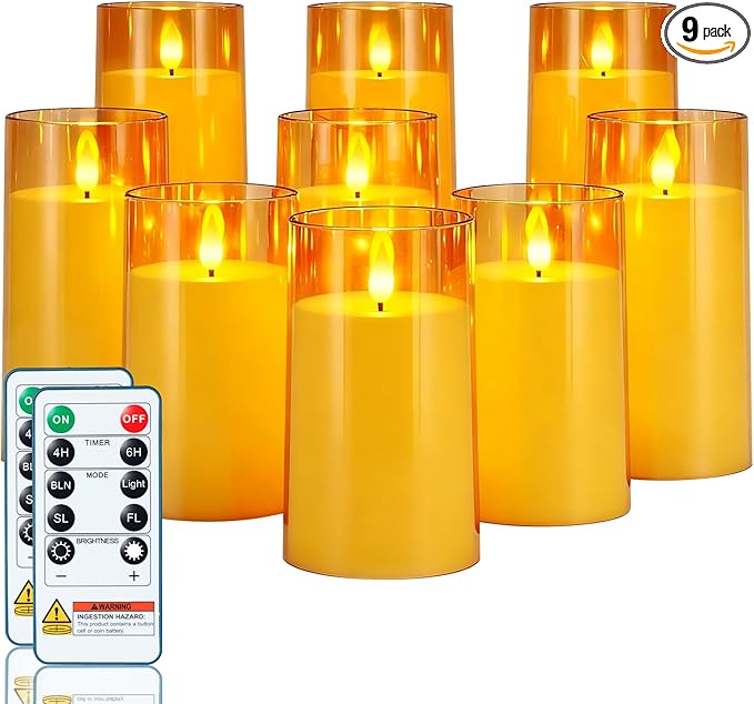 Homemory Amber Flickering Flameless Candles, Battery Operated Acrylic LED Pillar Candles with Remote Control and Timer, Fall Candles, Set of 9