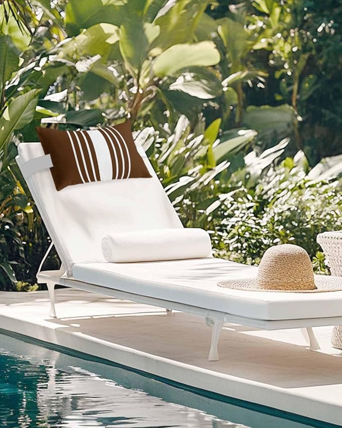 Outdoor Pillow for Lounge Chair with Strap & Insert Brown Vertical Stripes Recliner Head Pillow Classic Striped Waterproof Headrest Patio Lumbar Pillows for Beach Pool Office Chaise Chair 12x20 Inch