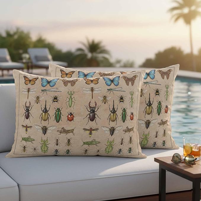 Outdoor Waterproof Throw Pillow Covers Set of 2 Insects Biographies Lumbar Pillowcases 20x12 Inches Butterfly Dragonfly Decorative Pillows Cushion Case Patio Pillows for Couch Bed Chair Garden