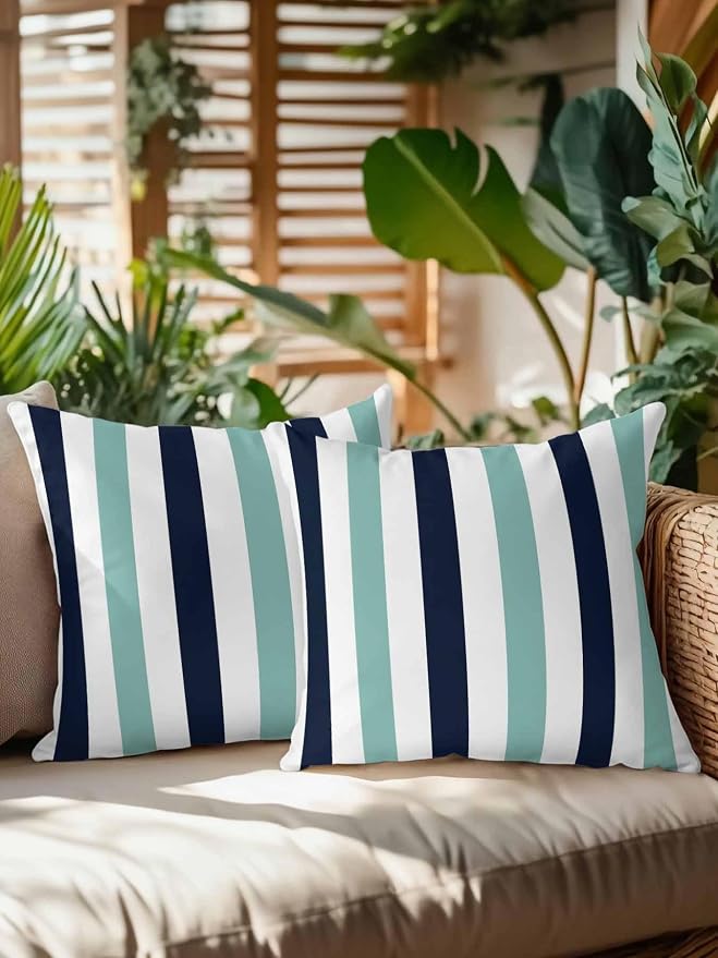 Outdoor Pillows Waterproof, Turquoise Navy Blue Striped Bedding Throw Pillows with Insert for Couch Sofa Bed, Farmhouse Stripe Art 18x18 Inch Pillowcases Camping Patio Pillow Set of 2
