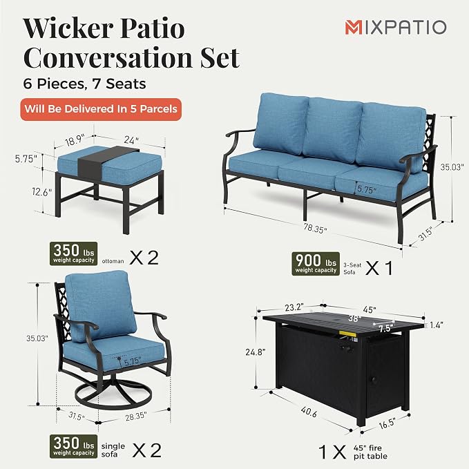 MIXPATIO Patio Furniture Set, 6 Pcs Metal Outdoor Conversation Set, 2 Swivel Chairs, 2 Ottomans and 3 Seater Sofa with 5.75" Extra Thick Cushion and Gas Fire Pit Table, Navy Blue