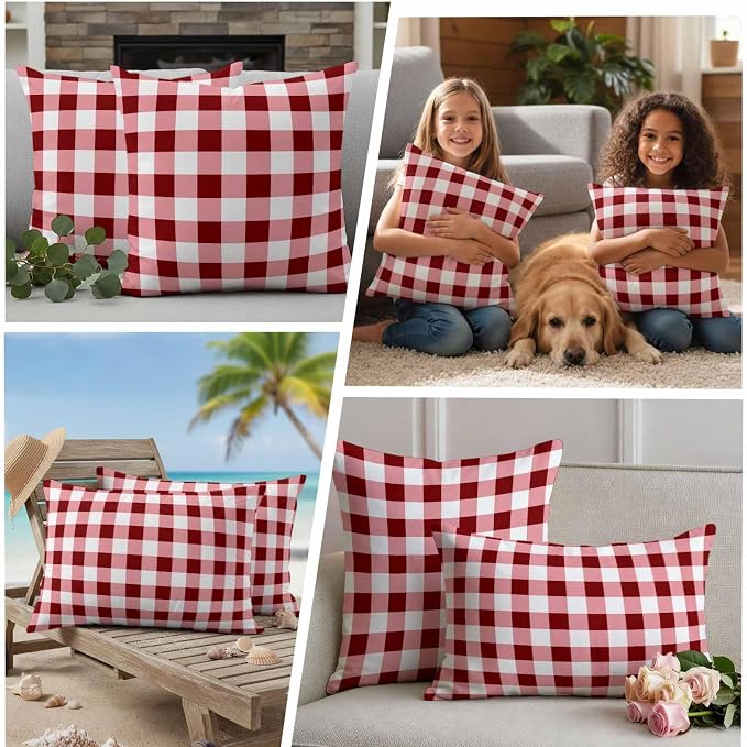 Red Farmhouse Waterproof Outdoor Pillow Covers Set of 2 Home Decor, Gradient Buffalo Plaid Lattice Grid Pillowcase Patio Pillow Covers for Couch Bench Furniture Garden 20x12in