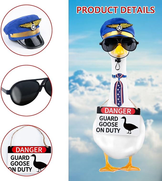 CAMDUCK 4 Pcs Porch Goose Accessories Porch Goose Sign Air Force Hat Eyeglasses Necktie Wooden Danger Guard Goose on Duty Warning Sign Goose Outfits Decor for Yard Porch Lawn