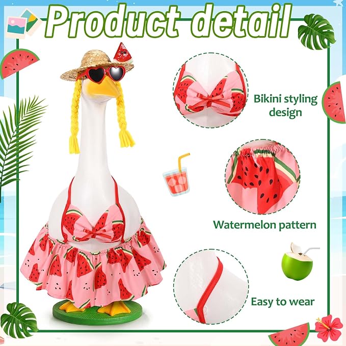 JcHrmers Bikini Goose Outfit Summer Watermelon Porch Goose Outfits Hawaiian Lawn Goose Clothes Fits 23" Cement Plastic Goose Statue for Summer Outdoor Garden Yard Patio Art Decor