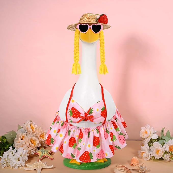 JcHrmers Bikini Goose Outfit Summer Strawberry Porch Goose Outfits Hawaiian Lawn Goose Clothes Fits 23" Cement Plastic Goose Statue for Summer Outdoor Garden Yard Patio Art Decor