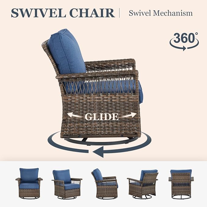 Patio Furniture Set 2 Wicker Swivel Glider Chairs 2 PE Rattan Chairs and 2 Ottomans with Blue Cushions Patio PE Rattan Side Table Brown Wicker Patio Conversation Set 7pcs for Patio