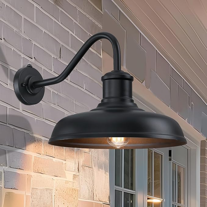 13.8'' Diameter Large Dusk to Dawn Outdoor Gooseneck Barn Light, 2 Packs | Outdoor Wall Sconce Farmhouse Exterior Lighting Fixture Industrial Outside Lantern for Porch, Patio, Garage, Black