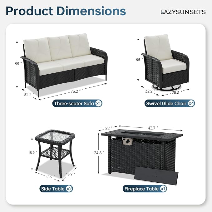 LazySunsets Luxury 10-Piece Patio Furniture Set with 44'' Fire Pit Table, Wicker Rattan Sofa with Thick Cushion, Outdoor Conversation Set for Backyard, Poolside & Garden, Black/Beige