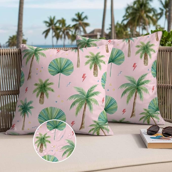 Yukro Tropical Palm Tree Outdoor Waterproof Pillow Covers Pack of 2, Lightning Summer Pink Boho Throw Pillowcases Decorative Cushion Covers for Garden Patio Tent Sofa Couch, 24x24 inch