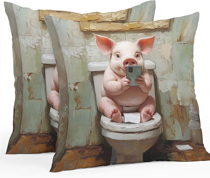 Waterproof Pillow Covers Set of 2 16x16 Inch Vintage Funny Outdoor Cushion Covers Piggy Cell Phone Toilet Decorative Pillow Cases for Patio, Sofa, Couch, Garden, Balcony