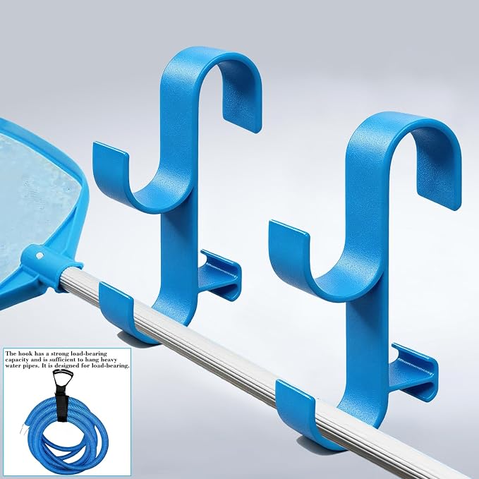 2Pcs Above Ground Pool Pole Hooks, Double Hanging Bracket for Pool Telescopic Pole, Leaf Skimmer Net & Vacuum Hose, Pool Rail Accessory Storage Hanger