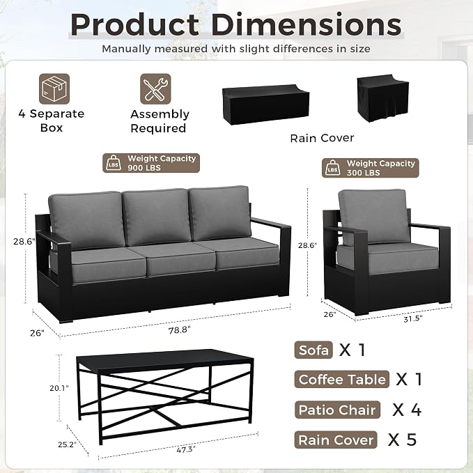 Outdoor Patio Furniture Set, 6-Piece Aluminum Patio Conversation Set All-Weather Metal Outdoor Sectional with 6 Inch Thick Cushions, Deep Setting for Garden, Outside and Porch, Grey