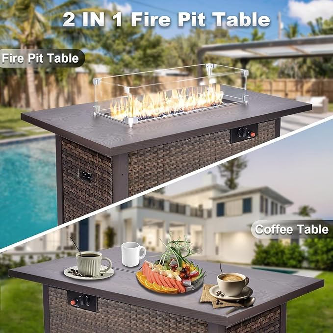 Grezone 9 Piece Patio Furniture Set with 44" Fire Pit Table, Outdoor Sectional Couch, PE Rattan Patio Conversation Sets with 4inch Cushions for Backyard Deep Blue (NY)