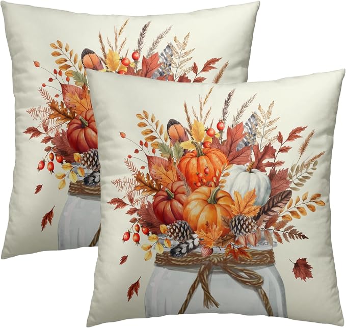 Vintage Pumpkin Throw Pillow Covers 18x18 Inch Set of 2, Rustic Fall Orange Floral Vase Square Pillowcases Cotton Cushion Cover for Couch Sofa Bedroom Porch Cabin Patio Decor