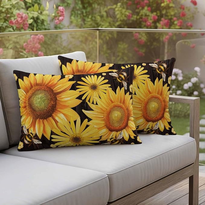 Outdoor Throw Pillow Covers,Yellow Sunflower Daisy Flower Waterproof Decorative Pillowcases Cushion Cover Spring Rustic Floral Bee Black Pillow Cases for Patio Couch Sofa Bed,20x12in Set of 2
