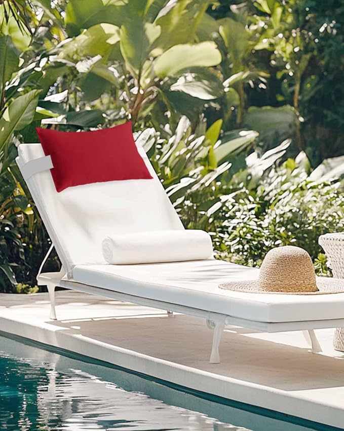 DecorLovee Pure Red Outdoor Recliner Pillows for Head, Waterproof Chair Pillow with Elastic Stripe, Simple Solid Color Chaise Lounge Headrest Pillow for Patio/Beach/Pool 1Pack, 11"x16"