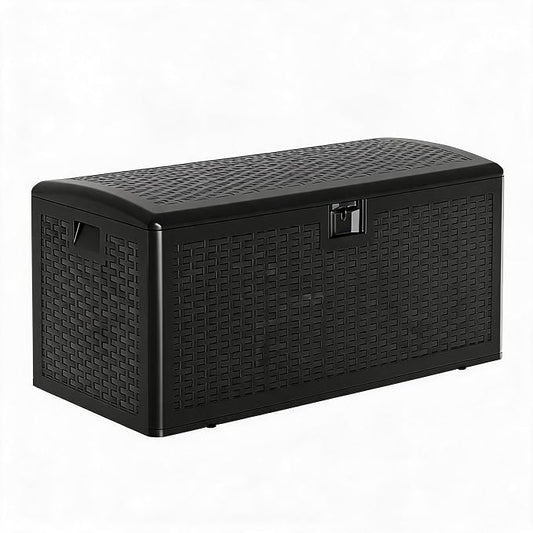 Lockable Waterproof Outdoor Resin Deck Box - 73 Gallon Large Storage Chest Bench with UV-Resistant Rattan Webbing - For Patio Cushions, Garden Tools, Pool Accessories - Black, Webbing