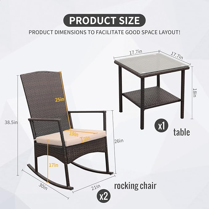 Outdoor HDPE Wicker Rocking Chair 3-Piece Patio Rattan Bistro Set 2 Rocker Armchair and Glass Coffee Side Table Furniture Washable Lacing Cushions, Khaki
