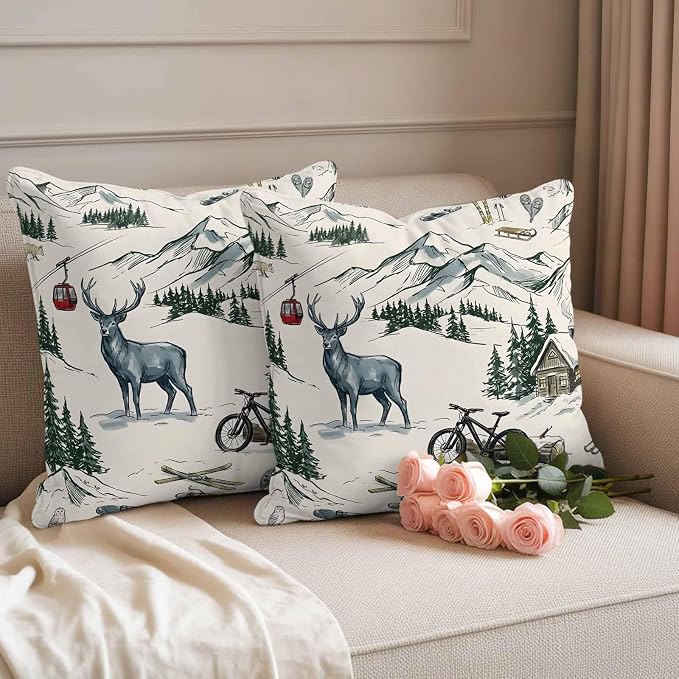 Mountain Cabin Outdoor Pillow Covers 16"x16" Set of 2, Winter Green Pine Tree Wooden House Cabin Waterproof Throw Pillow Covers for Patio Furniture, Decorative Cushion Covers for Porch