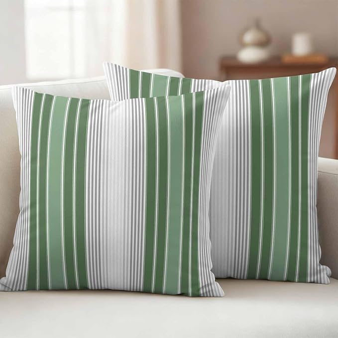 Chucoco Outdoor Waterproof Throw Pillow Cover, Green White Striped Decorative Pillows Cushion Covers, Classic Geometric Line 2 Pack Pillow Cases for Patio Garden Balcony Couch Sofa 24x24in