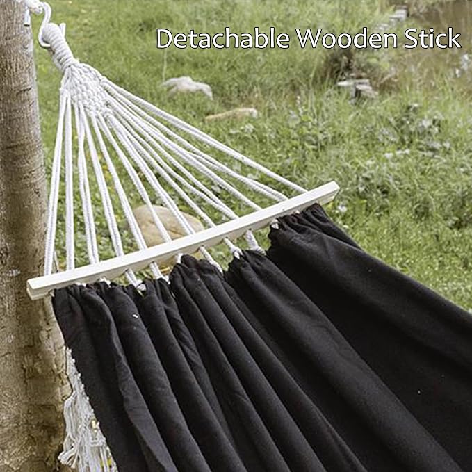 Handmade Cotton Woven Hammock, Balcony Hanging Rope Swing with Tassels, Portable Camping Double Boho Canvas Hammocks for Indoor Outdoor Patio Yard Garden(200x150cm/78.7x59in, Black)