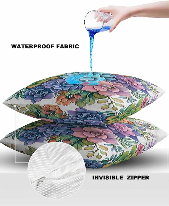 Outdoor Waterproof Pillow Covers Watercolor Succulent Plants Set of 2 Decorative Outdoor Pillowcases Floral Cushion Cases for Patio Funiture Garden Couch Bench 26 x 26 Inches
