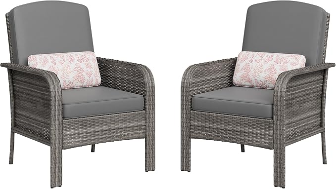 GarveeLife Patio Wicker Chairs Set of 2, Outdoor Rattan Dining Chairs with High Back & Deep Seating, All-Weather Wicker Armchairs for Deck Porch Balcony Backyard, Gray Gradient with Gray Cushions