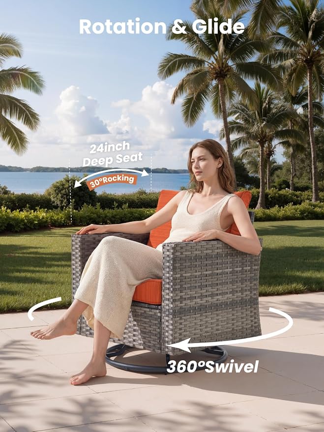 ovios Outdoor 10 Piece Coversation Set with Swivel Rocking Chair,Sectional Patio Furniture Set with All-Weather Wicker Sofa,Modern Outside Couch for Balcony Backyard Pool, Orange
