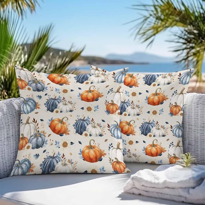 Fall Outdoor Throw Pillows Covers 26x26 inch Set of 2 Waterproof Orange Blue White Pumpkin Zippered Cushion Covers for Patio Furniture, Autumn Maple Leaf Flowers Linen Thanksgiving Lumbar Pillowcases