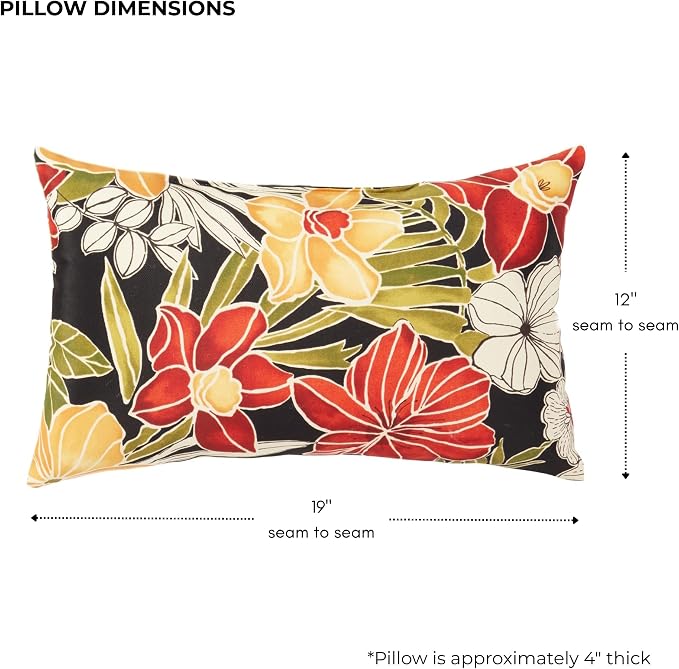 Set of 2 Outdoor Throw Pillows 19 x 12 Inch – Reversible Rectangle Patio Accent Pillows – Weather-Resistant Polyester Fabric – Eco-Friendly Recycled Polyfiber Fill – Aloha Black Floral